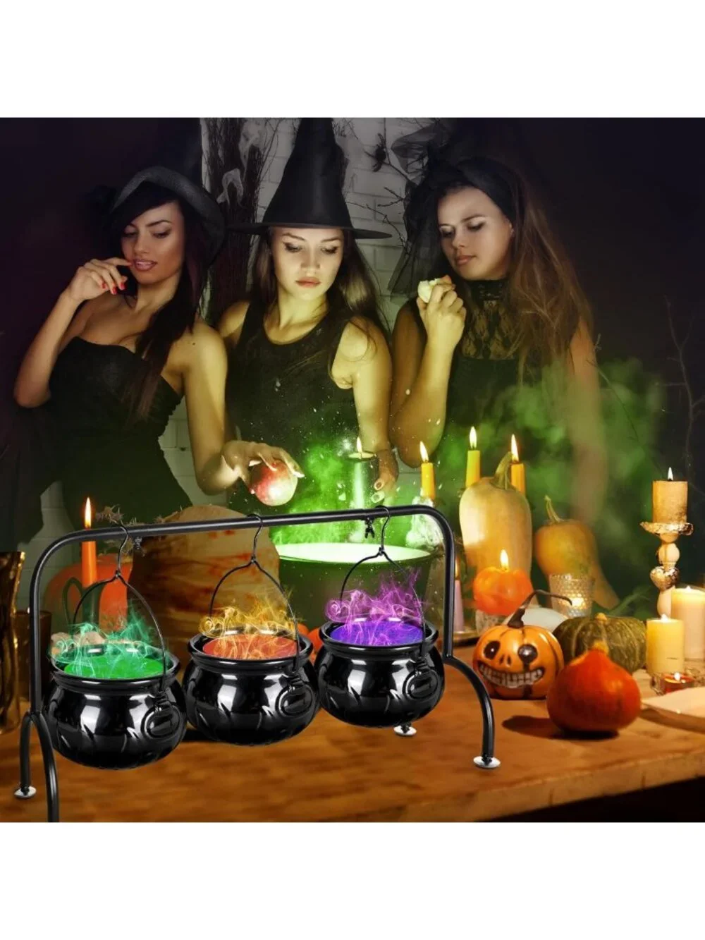 Spooky Halloween Party Decor - Set of 3 Ceramic Witches Cauldron Serving Bowls